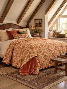 Vintage French Pieced Woven Jacquard Quilt Bedspread 95x88 Floral Paisley